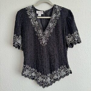 Laurence Kazar vintage sequin beaded black silver 80s top ugly sweater M